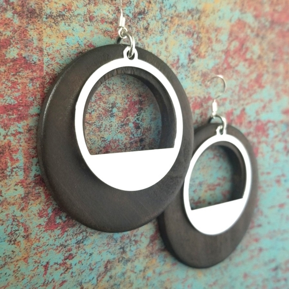 Wood and Silver Open Ring Earrings - Picture 1 of 5